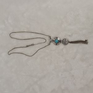 Turquoise and Silver Southwestern Boho Costume Necklace 16" Chain